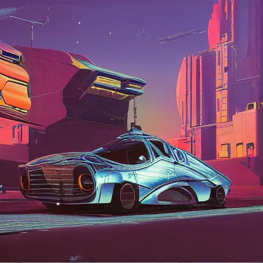 Image similar to painting of syd mead artlilery scifi vehicle with ornate metal work lands on a sidewalk, filigree ornaments, volumetric lights, simon stalenhag