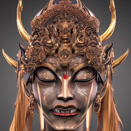 Image similar to naraka buddhist demon korean female, highly detailed, symmetrical long head, golden amber eyes, smooth marble surfaces, detailed ink illustration, raiden metal gear, cinematic smooth stone, deep aesthetic, concept art, post process, 4 k, carved marble texture and silk cloth, latex skin, highly ornate intricate details, in the style of 8 8 grzes