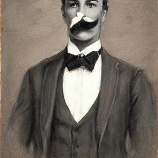 Prompt: action hero, suit, bow tie, mustache by alfred stevens in charcoal