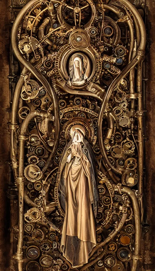 Image similar to steampunk virgin mary, religious imagery, rusty pipes and guages, backlit, intricate detail, high definition