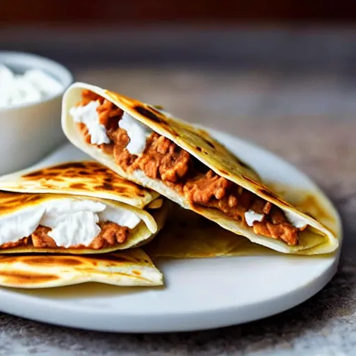 Image similar to quesadillas dipped in refried beans with fresh cheese on top