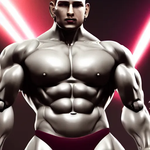 Image similar to a realistic detailed photo of a bodybuilder who is also a male android, Chris Redfield, shiny skin, posing robotically. blank stare