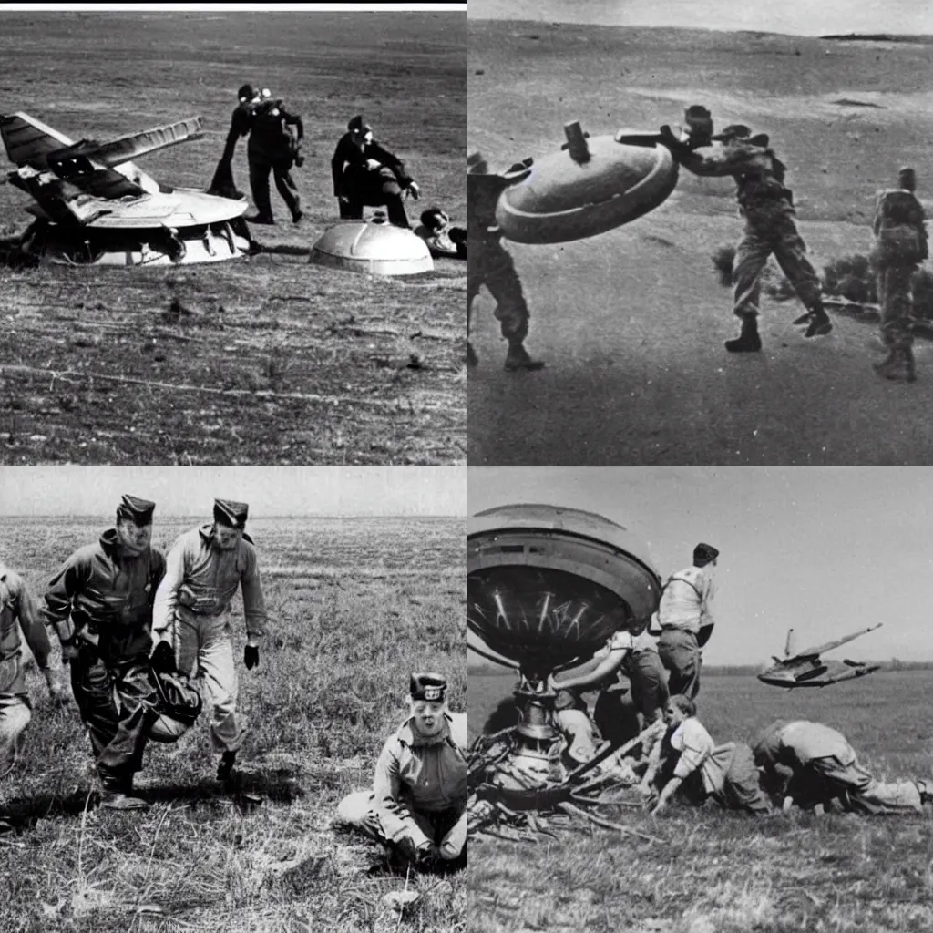 Prompt: classified photos from the 1940s of military personnel retrieving a crashed UFO