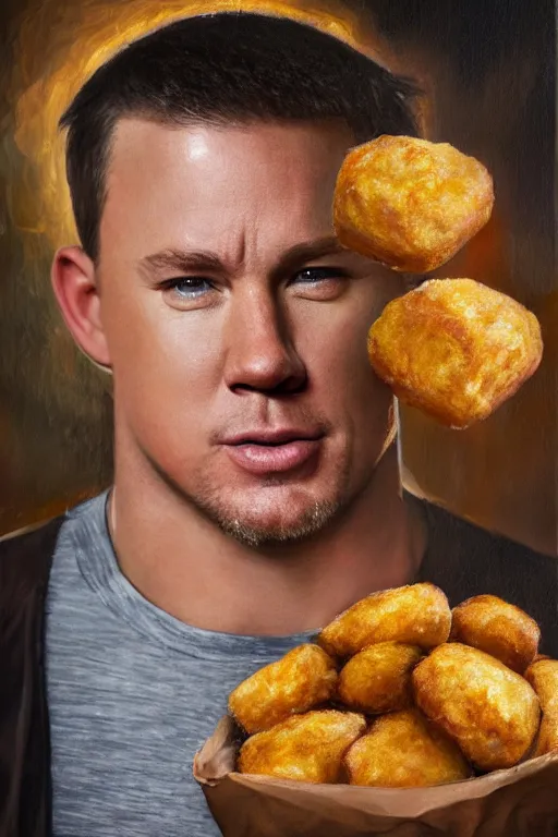 Image similar to channing tatum as a tater tot, oil on canvas, intricate, portrait, 8 k highly professionally detailed, hdr, cgsociety