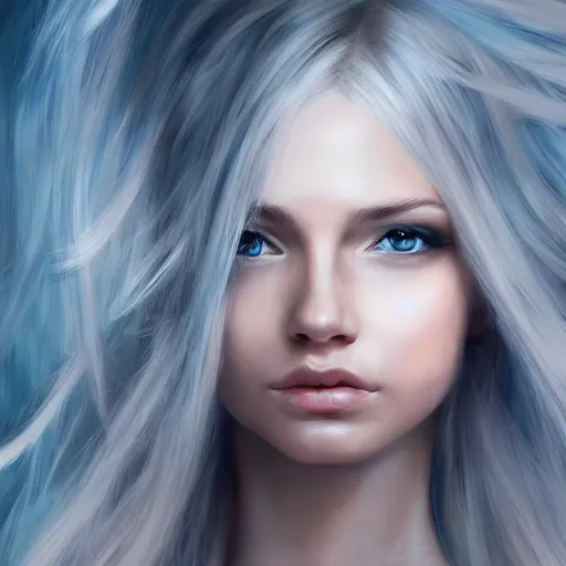 Image similar to a girl reading a book, hair flowing down, 8 k, hyperrealistic, hyperdetailed, white hair, blue eyes, fantasy portrait by laura sava