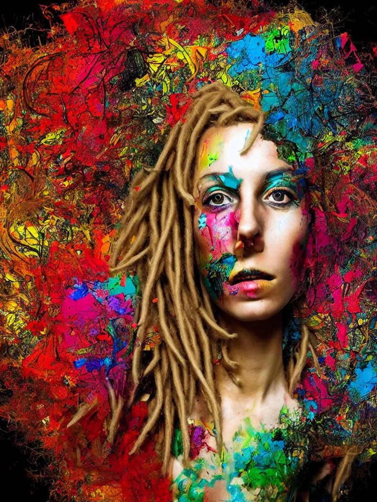 Image similar to a stunningly beautiful woman with blonde dreadlocks, in the style of artur bordalo, in a fractal environment