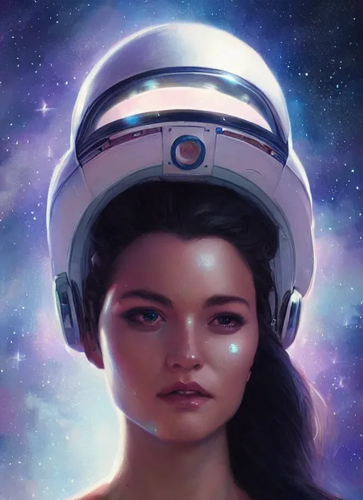 Image similar to a beautiful woman in a space themed ballgowm. beautiful highly detailed face. painting by artgerm and greg rutkowski and magali villanueve.