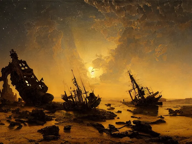 Image similar to an oil painting of an ancient shipwreck in the middle of an alien desert at dusk, aurora and stars light up the sky by carl spitzweg and tuomas korpi. baroque elements, full-length view. baroque element. intricate artwork by caravaggio. Trending on artstation. 8k