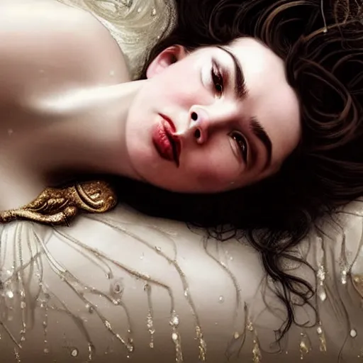 Image similar to stunning photo of dark - haired goddesses vanessa kirby and bjork smiling, laying back on a pillow, with white tears all over their faces, a beautiful closeup, wet lips, perfect eyes, insanely detailed, elegant, by mucha, wlop, rutkowski, livia prima