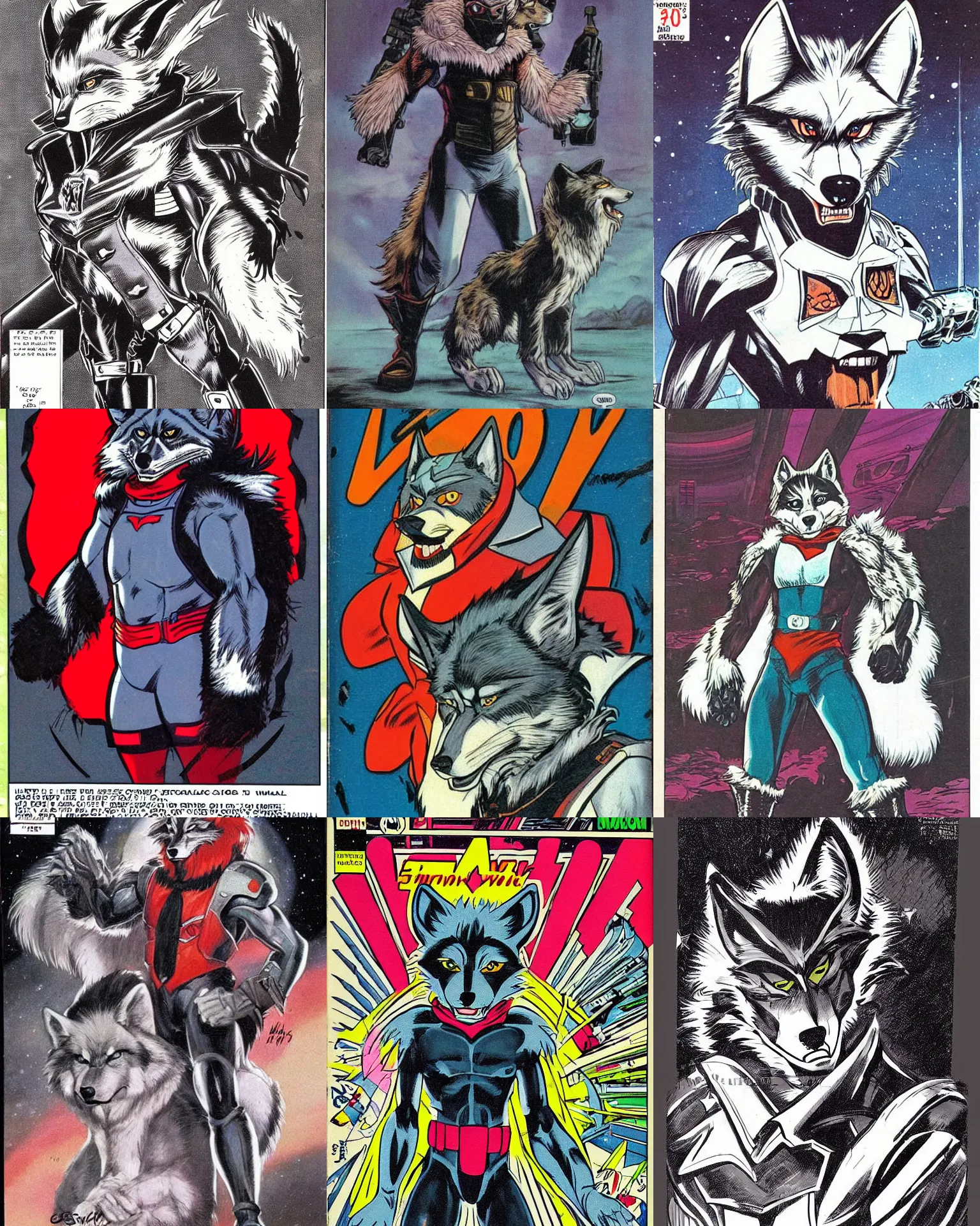Prompt: 1 9 8 0 s comic book art featuring a portrait of villain male wolf o'donnell anthropomorphic wolf furry fursona from starfox wearing a dark space mercenary uniform, dark grey wolf, handsome eyes, wolf o'donnell
