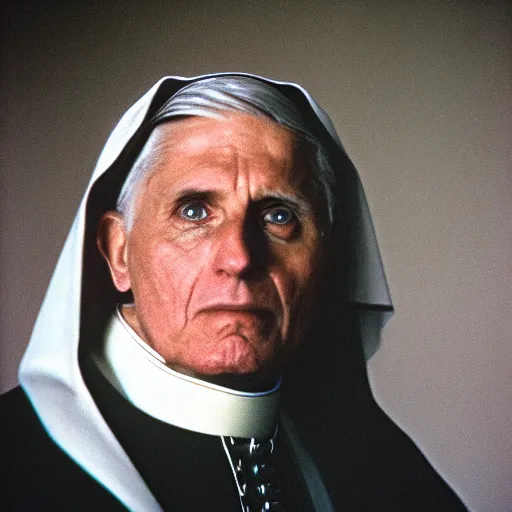 Prompt: A somber, foreboding, grainy 1980s medium close-up portrait of Pope Benedict as a Sith Lord, F 2.8, 85mm Velvia 100,