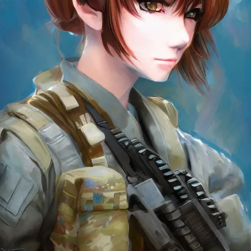 Prompt: anime girl in a united states army special forces uniform, digital art, portrait, krenz cushart