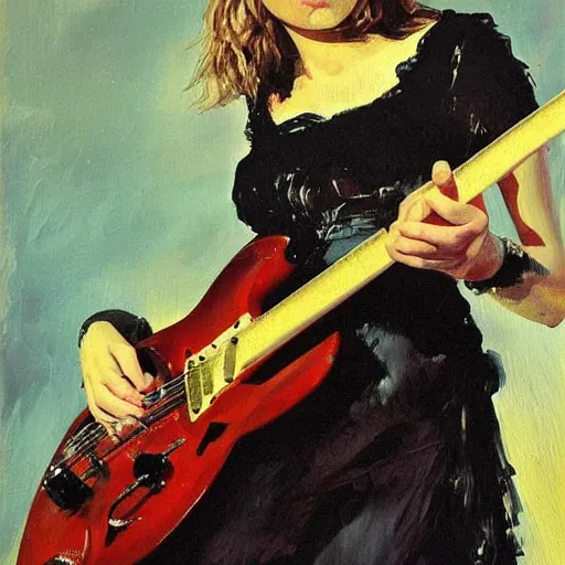 Prompt: Anna Calvi playing electric guitar, oil painting by Giovanni Boldini