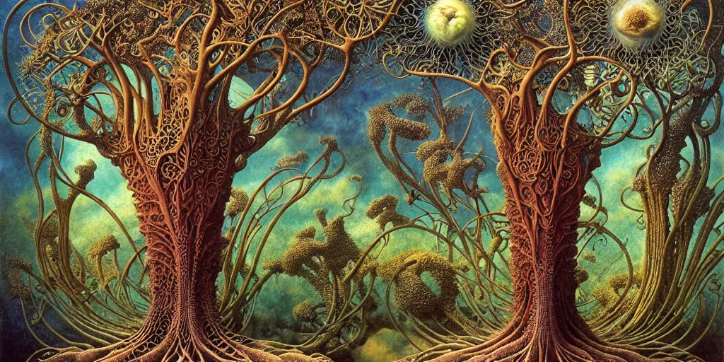 Image similar to tree of life by roger dean and andrew ferez, art forms of nature by ernst haeckel, divine chaos engine, symbolist, visionary, art nouveau, botanical fractal structures, organic, detailed, realistic, surreality