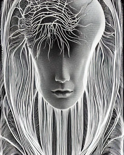 Prompt: mythical dreamy black and white organic bio - mechanical spinal ribbed profile face portrait detail of beautiful intricate monochrome angelic - human - queen - vegetal - cyborg with a visible detailed brain, grey matter and neurons, highly detailed, intricate translucent jellyfish ornate, poetic, translucent microchip ornate, photo - realistic artistic lithography in the style of fritz lang