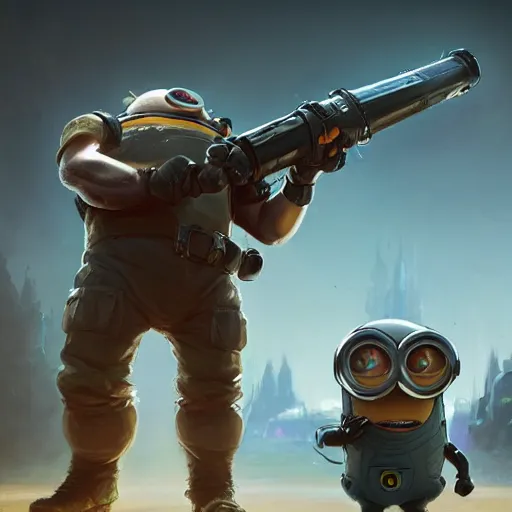 Prompt: cute minion holding a rocket launcher, illustrated by greg rutkowski and gaston bussiere, serious lighting, dramatic amtosphere, war - art style, photorealistic imagery, trending on artstation, 4 k, 8 k