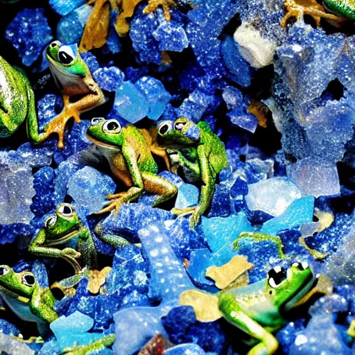 Prompt: investors in a cave full of blue crystals and frogs