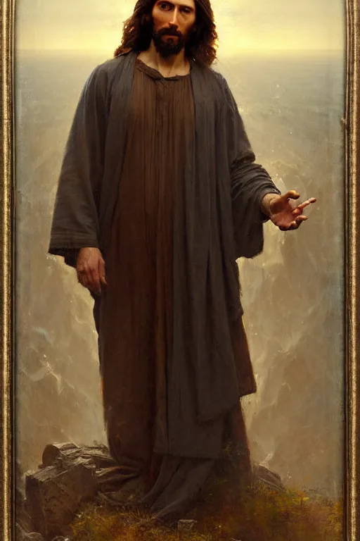 Image similar to photograph imax and solomon joseph solomon and richard schmid and jeremy lipking victorian loose genre loose painting full length portrait painting of jesus