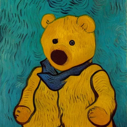 Image similar to vincent van gogh painting of a yellow teddy bear wearing a red shirt, sunset, lake