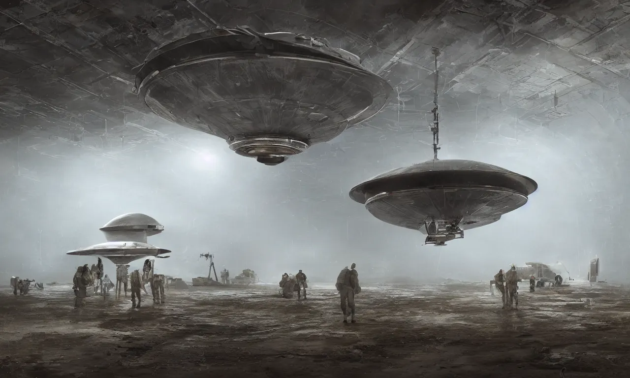 Image similar to engineer repairs special flying saucer full of modern military equipment, in the hall of area 55, high detail, ground fog, wet reflective ground, saturated colors, by Darek Zabrocki, render Unreal Engine