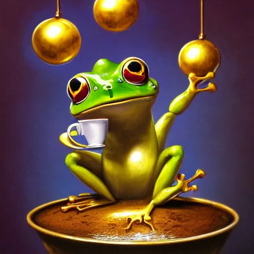 Prompt: a cute frog throws golden metal balls into a cup of coffee, by esao andrews, by m. w. kaluta, volumetric light, rich colors, very humorous oil painting, realistic reflections, smooth, concept art, depth perception, high depth of field, 4 k, unreal engine 5, ultradetailed, hyperrealistic, artstation