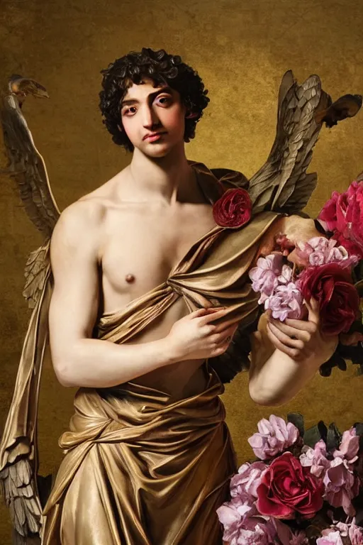 Image similar to a young handsome Spanish prince in a full-body bronze baroque statue of Icarus posed seductively, crown of peach roses, flowing pink-colored silk, fabric, flowers. baroque elements, human skull. full-length view. baroque element. intricate artwork by caravaggio. many many birds birds on background. Trending on artstation, octane render, cinematic lighting from the right, hyper realism, octane render, 8k, depth of field, 3D