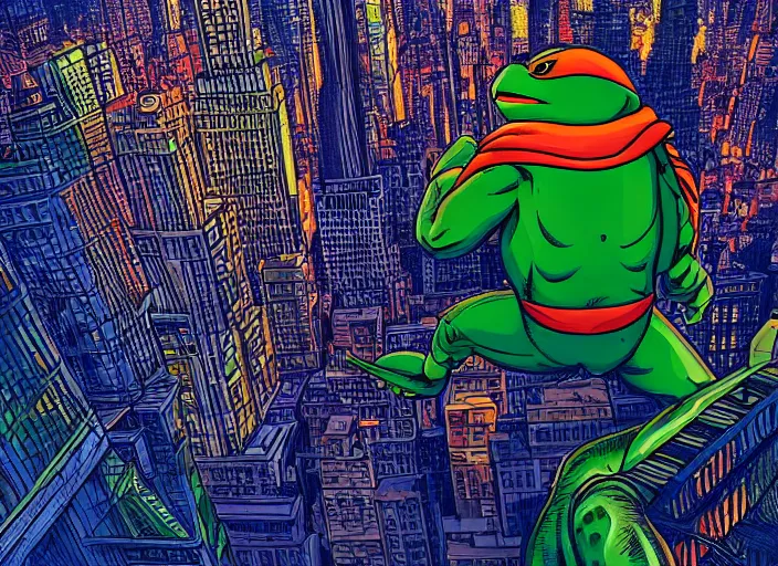 Image similar to highly detailed cell shaded image of the ninja turtle raphael vigilantly watching over a beautiful new york city skyline at night. vivid color. trending on artstation