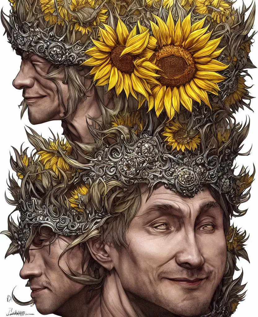 Image similar to digital art, centered full body of Putin smiling king, Sunflower crown, ,intricate, veins, by James Jean and by artgerm , by ross tran ultradetailed, charachter design, concept art, trending on artstation,