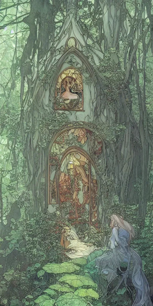 Image similar to an elvish Fairy house in the Woods, fantasy, art nouveau, architecture, daylight, warm light, spring, studio ghibli, Moebius, alphonse mucha, siya oum, ultra detailed, High definition, Sharp