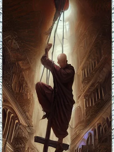 Image similar to a hanged monk, tie down, enlightened hanging in a public square. intricate, elegant, highly detailed, digital painting, artstation, concept art, sharp focus, illustration, by justin gerard and artgerm, 8 k