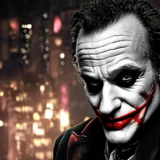 Image similar to stunning awe inspiring ( robin williams ) as the joker 8 k hdr movie still atmospheric lighting