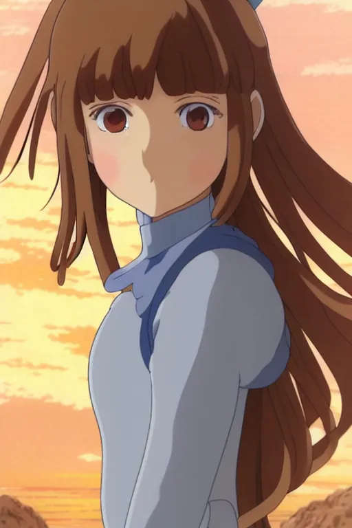 Image similar to anime art full body portrait character nausicaa concept art, anime key visual of elegant young female, brown hair and large eyes, finely detailed perfect face delicate features directed gaze, sunset in a valley, trending on pixiv fanbox, studio ghibli, extremely high quality artwork by hayao miyazaki by kushart krenz cute sparkling eyes