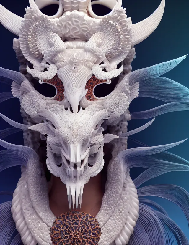 Image similar to 3 d goddess close - up frontal portrait with ram skull. beautiful intricately detailed japanese crow kitsune mask and clasical japanese kimono. betta fish, jellyfish phoenix, bio luminescent, plasma, ice, water, wind, creature, artwork by tooth wu and wlop and beeple and greg rutkowski