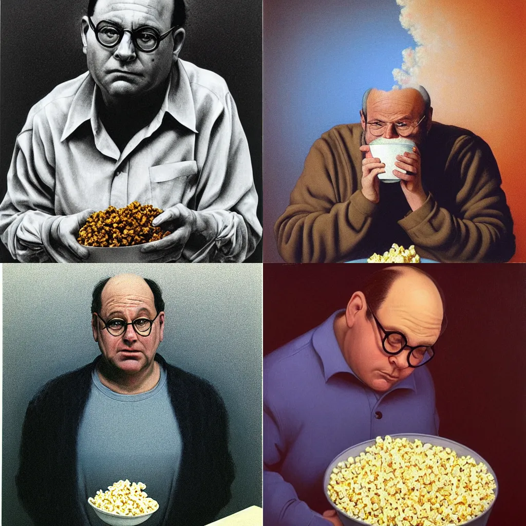 Prompt: George Costanza from Seinfeld eating popcorn out of a bowl, Zdzisław Beksiński