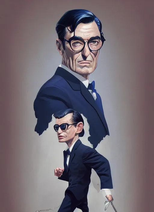 Image similar to full - length portrait of gregory peck, dressed in a navy blue suit with silver embroidered details, detailed face, fantasy, cinematic lighting, digital art painting, fine details by realistic shaded lighting poster by ilya kuvshinov katsuhiro otomo, magali villeneuve, artgerm, jeremy lipkin and michael garmash and rob rey