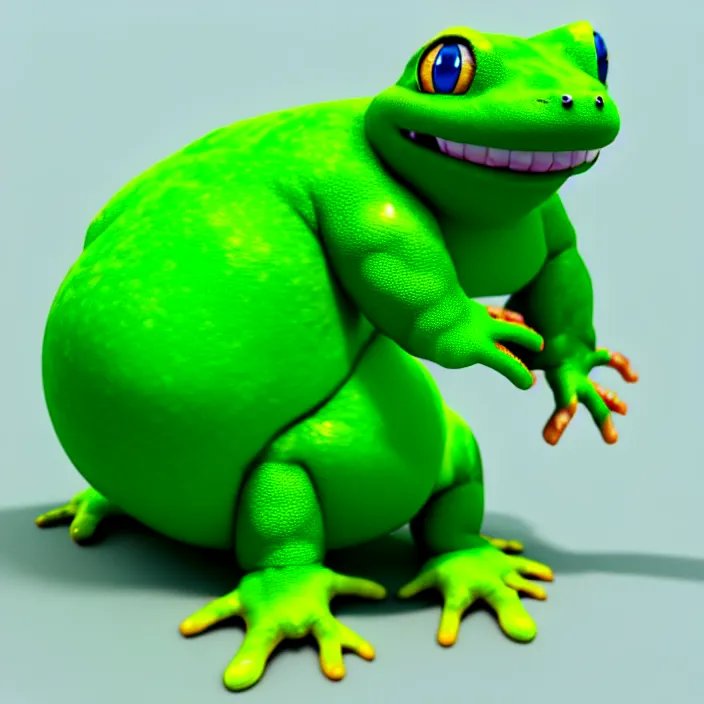 Image similar to a fat anthropomorphic male green gecko fursona with big eyes waddling across vrchat, cute, 3 d, octane render, furry