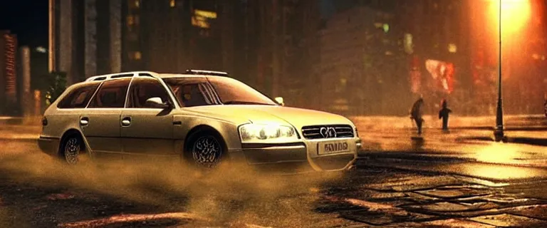 Image similar to Audi A4 B6 Avant (2002), a gritty neo-noir, Max Payne (PC) (2001) winter new york at night, dramatic bright lighting, cinematic, establishing shot, extremely high detail, photorealistic, cinematic lighting, artstation, by simon stalenhag, dark night, bright lights, eldritch horror