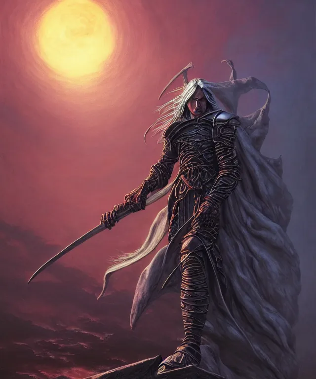 Image similar to elric of melnibone, artwork by michael whelan, full figure, action pose, dramatic lighting, cinematic, hyperrealistic, highly detailed, artstation, fantasy background setting including a city, weird - dreamlike landscape and dramatic sky