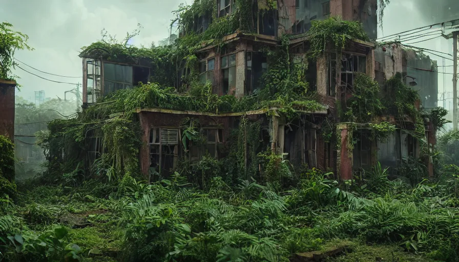 Image similar to Abandoned Building Overgrown by beautiful plants, Dystopian Slum, Hyperrealism, Hyperdetailed, Intricate Details, Anamorphic Lens, Cinematic Lighting, Volumetric Lights, Raytracing Reflections, Unreal Engine 5