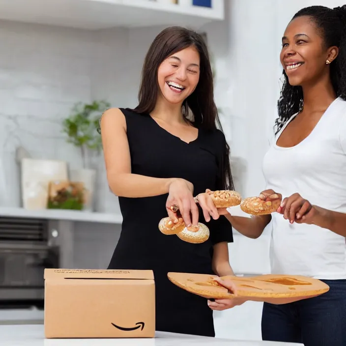 Prompt: a woman that is extremely happy about a young woman receiving her new bagel slicer from the future in the mail from amazon, 8 k,