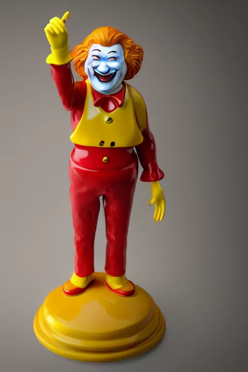 Prompt: A porcelain model of Ronald McDonald, sculpture, photograph, studio lighting, product photography, advertising photography, pottery, figurine, octane render