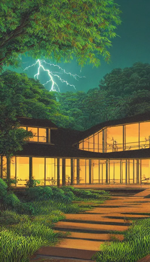 Image similar to a beautiful very detailed painting of nature home exterior by ludwig mies van der rohe, architecture island at dusk at night tron synthwave dramatic lightning rainforest forest landscape uv light meadow flowers thermal vision sunlight studio ghibli neon signs desert, archdaily, wallpaper, highly detailed, trending on artstation.