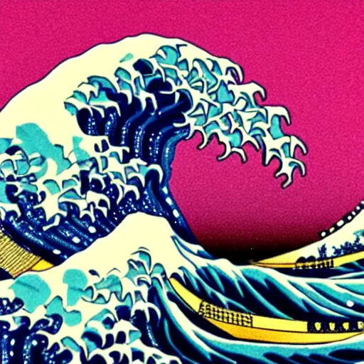 Image similar to the great wave off kanagawa with pink lava and fire, rococo, hyperreal, detailed, 4 k