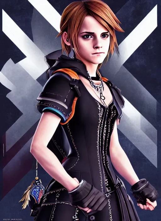 Image similar to Emma Watson as a kingdom hearts character, square enix painted official artwork, intricate, highly detailed, epic, awesome, dramatic lighting, patterns