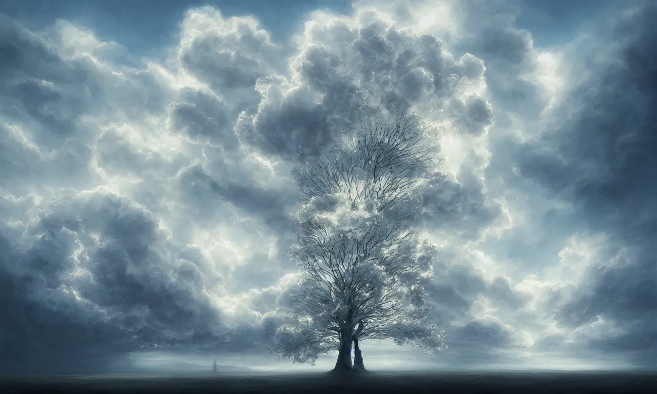 Image similar to a beautiful digital painting of a white tree merged in the clouds, birds flying in the sunlight, totaly white trunk made of smoke, blue sky at sunset, elegant, highly detailed, artstation, concept art, matte, sharp focus, art by tom bagshaw, kelogsloops and greg rutkowski