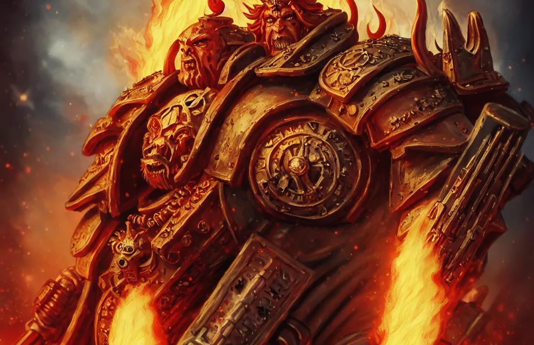 Prompt: a pinup poster of the emperor from warhammer 40k by Sakimichan, porcelain white skin, voluptuous male, long curly light blond hair, long fluffy blond curly hair, wreathed in scintillating radiance flames of war, hyper detailed background, 4K, artstation
