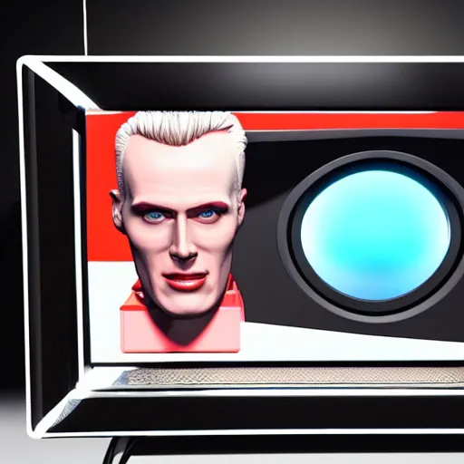 Prompt: a hyperrealistic 3 d render of max headroom on a vintage tv, octane render, unreal engine, 8 k, trending on cgsociety, volumetric lighting, dramatic lighting, lasers, neon