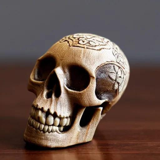 Image similar to intricately carved human skull, intricate ornament