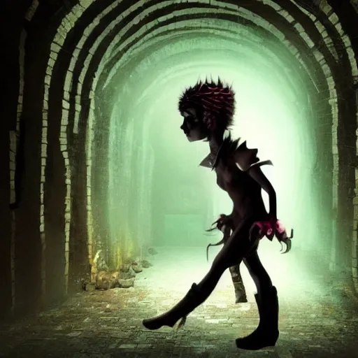 Prompt: a boy victim being intimidated by a succubus in a leather suit, devi wings, cracked brick wall, long hallway, light at the end of the tunnel, volumetric lighting, concept art, fantasy, dramatic lighting, daz, by mark ryden, hayao miyazaki