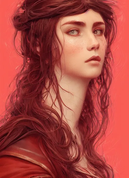 Image similar to vertical portrait of a ruggedly handsome female cleric, soft hair, close - up face, leather, witchy, d & d, fantasy, intricate, elegant, highly detailed, digital painting, artstation, concept art, smooth, sharp focus, illustration, art by artgerm and greg rutkowski and alphonse mucha, plain red background